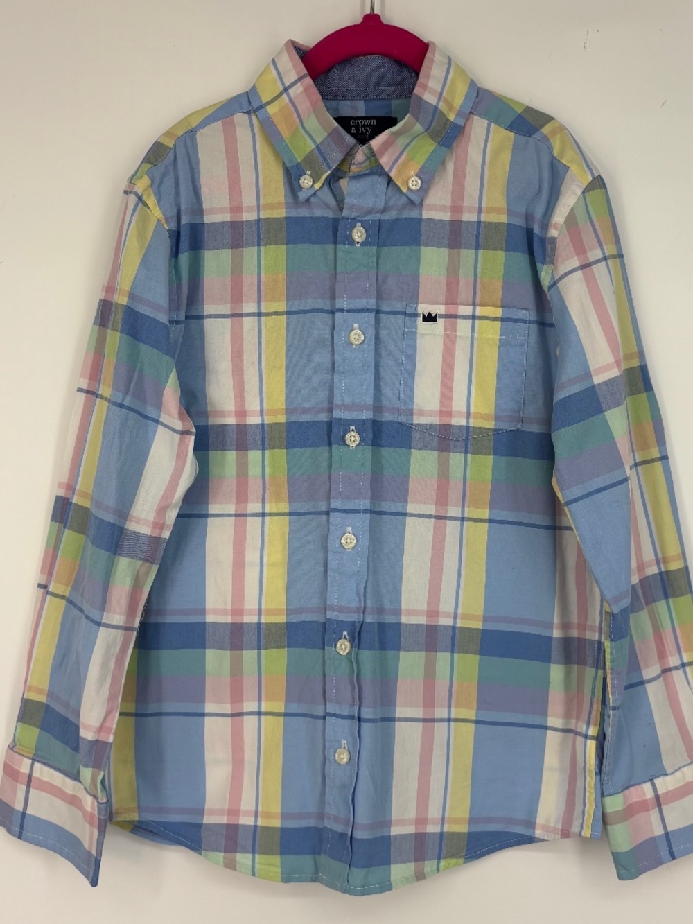 Crown & Ivy Boys Small Button Down Shirt Stretch Cotton Pink Blue Yellow Plaid